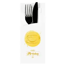 Bestekzakjes Wit "Good Morning" 200 x 85mm Inclusief 2-Laags Wit Servet 330 x 330mm -horecavoordeel.com-