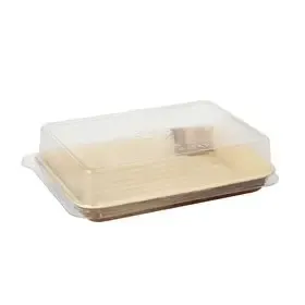 Sushi schalen Palmblad Hoekig 150cc H 4,4 x 17,5 x 12,2cm Natuur Combinatieverpakking met RPET Deksels