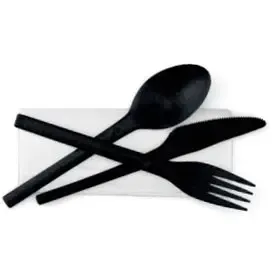 Refork Bestekset Vork Mes Lepel Zwart met Wit Servet in Papieren zakje  -Horecavoordeel.com-