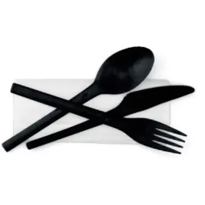 Refork Bestekset Vork Mes Lepel Zwart met Wit Servet in Papieren zakje  -Horecavoordeel.com-